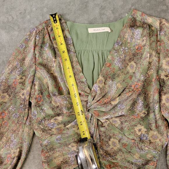 Green Puff Sleeve Blouse Small Button Front Ruched Soft Girl - Picture 6 of 10